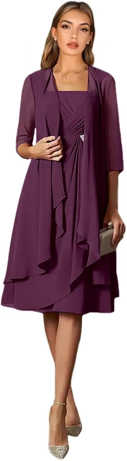 2 Pieces Mother of The Bride Dresses for Women Tea Length Formal Dress with Jacket Chiffon Evening Dresses