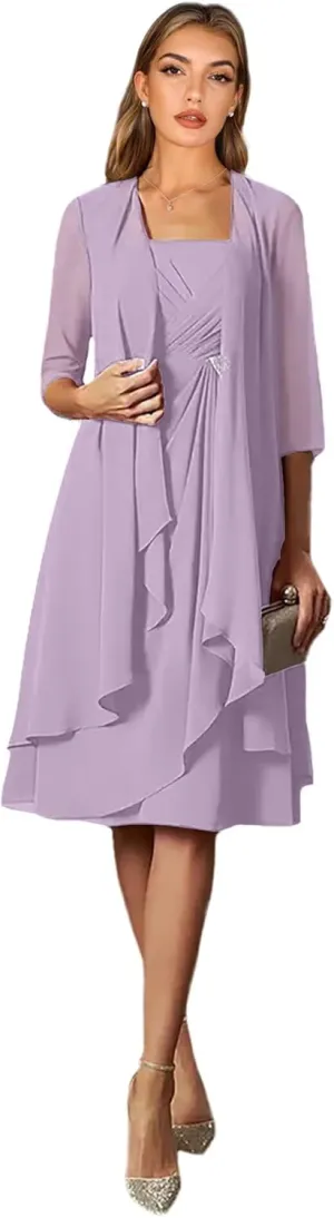 2 Pieces Mother of The Bride Dresses for Women Tea Length Formal Dress with Jacket Chiffon Evening Dresses