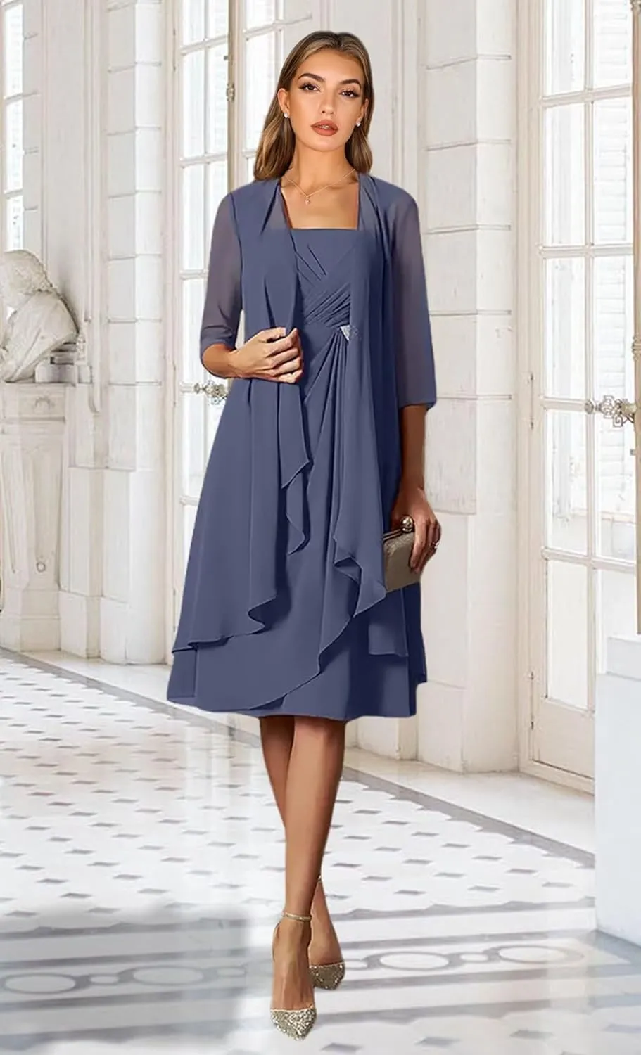 2 Pieces Mother of The Bride Dresses for Women Tea Length Formal Dress with Jacket Chiffon Evening Dresses