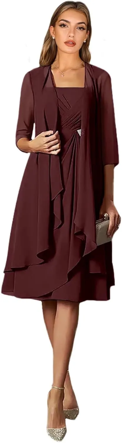 2 Pieces Mother of The Bride Dresses for Women Tea Length Formal Dress with Jacket Chiffon Evening Dresses