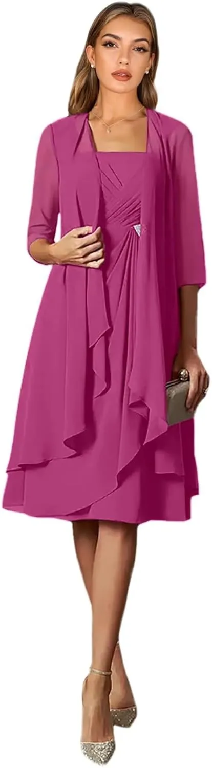 2 Pieces Mother of The Bride Dresses for Women Tea Length Formal Dress with Jacket Chiffon Evening Dresses