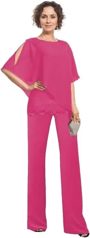 3 Piece Mother of The Bride Pantsuits for Wedding Chiffon Scoop Neck Formal Pants Outfit for Women Dressy with Sleeves