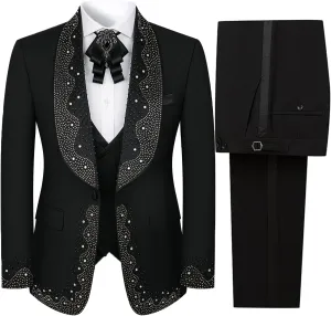 3 Pieces Prom Tuxedo for Men Groom Wedding Suits Luxury Diamonds Shawl Lapel Blazer Jacket Vest Pants Party Sets