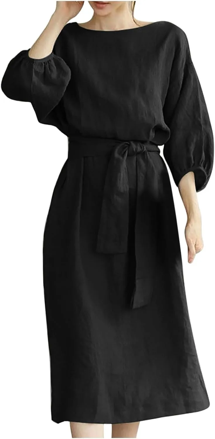 3/4 Sleeve Linen Dress for Women Tie Waist Midi Dress Casual Plus Size Summer Dresses Trendy Beach Vacation Outfits
