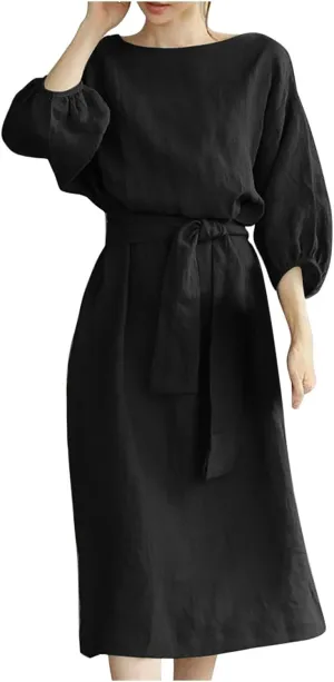 3/4 Sleeve Linen Dress for Women Tie Waist Midi Dress Casual Plus Size Summer Dresses Trendy Beach Vacation Outfits