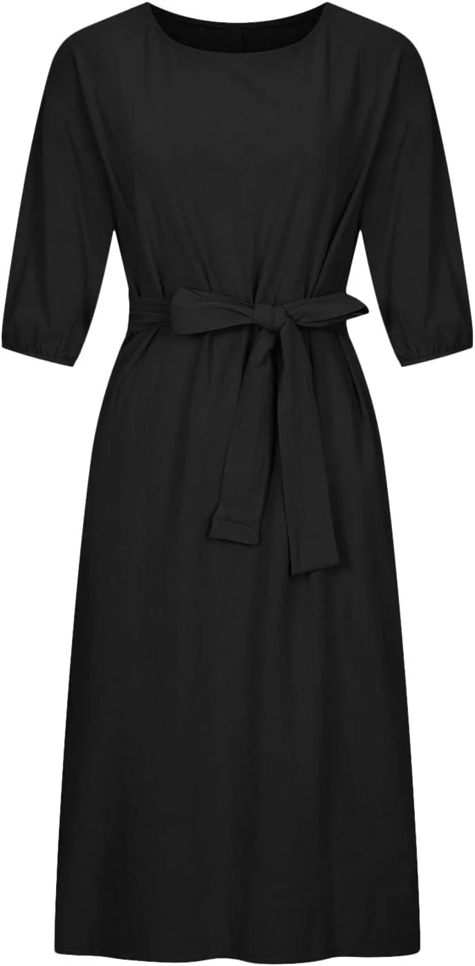 3/4 Sleeve Linen Dress for Women Tie Waist Midi Dress Casual Plus Size Summer Dresses Trendy Beach Vacation Outfits