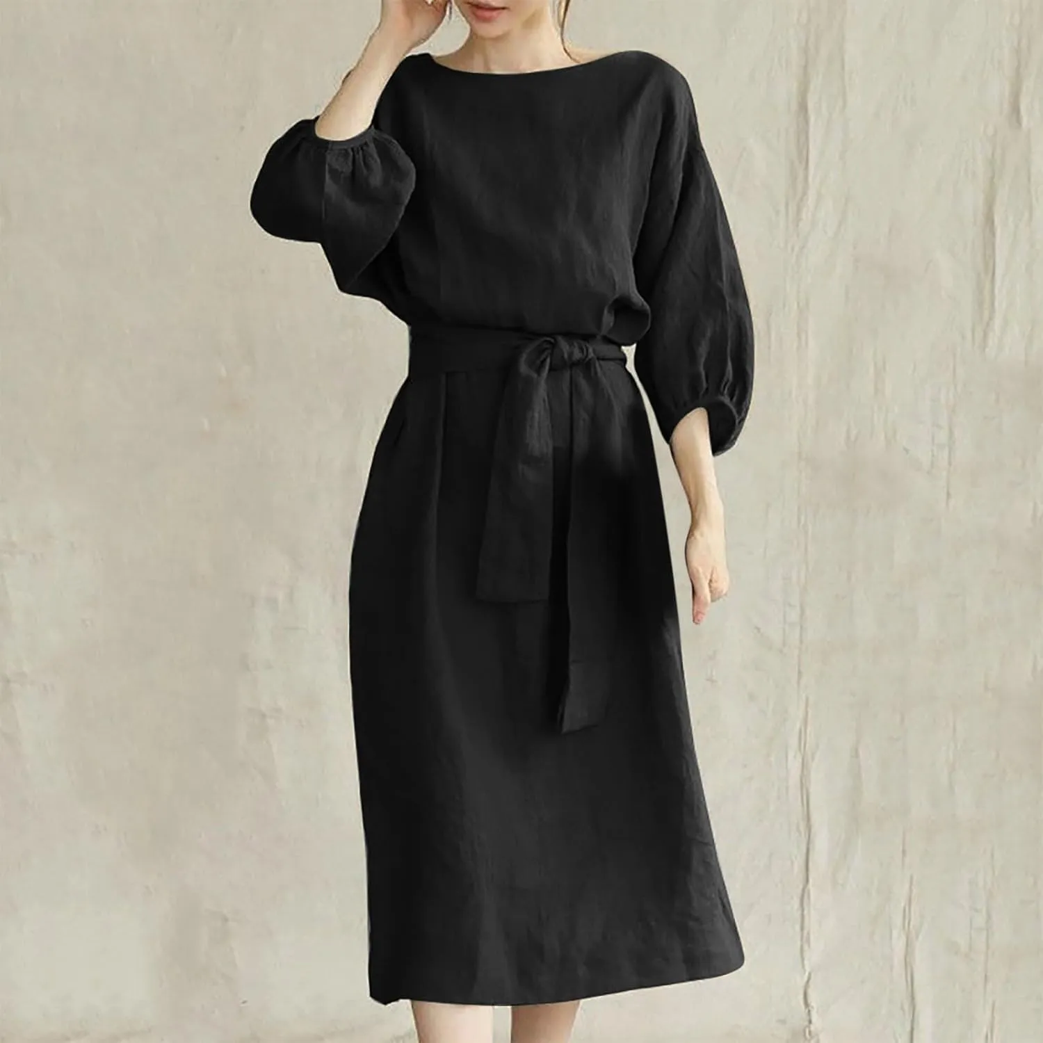 3/4 Sleeve Linen Dress for Women Tie Waist Midi Dress Casual Plus Size Summer Dresses Trendy Beach Vacation Outfits