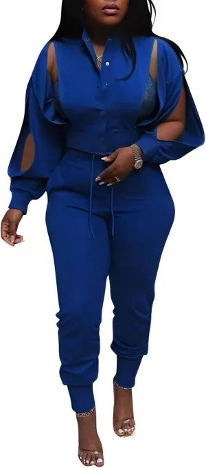 Akmipoem Sweatsuits for Women Set 2 Piece Jogger Outfits Zipper Split Long Sleeve Button Down Crop Top and Pants Tracksuit
