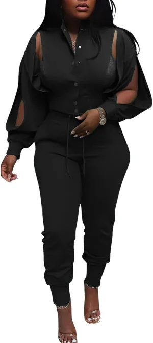 Akmipoem Sweatsuits for Women Set 2 Piece Jogger Outfits Zipper Split Long Sleeve Button Down Crop Top and Pants Tracksuit