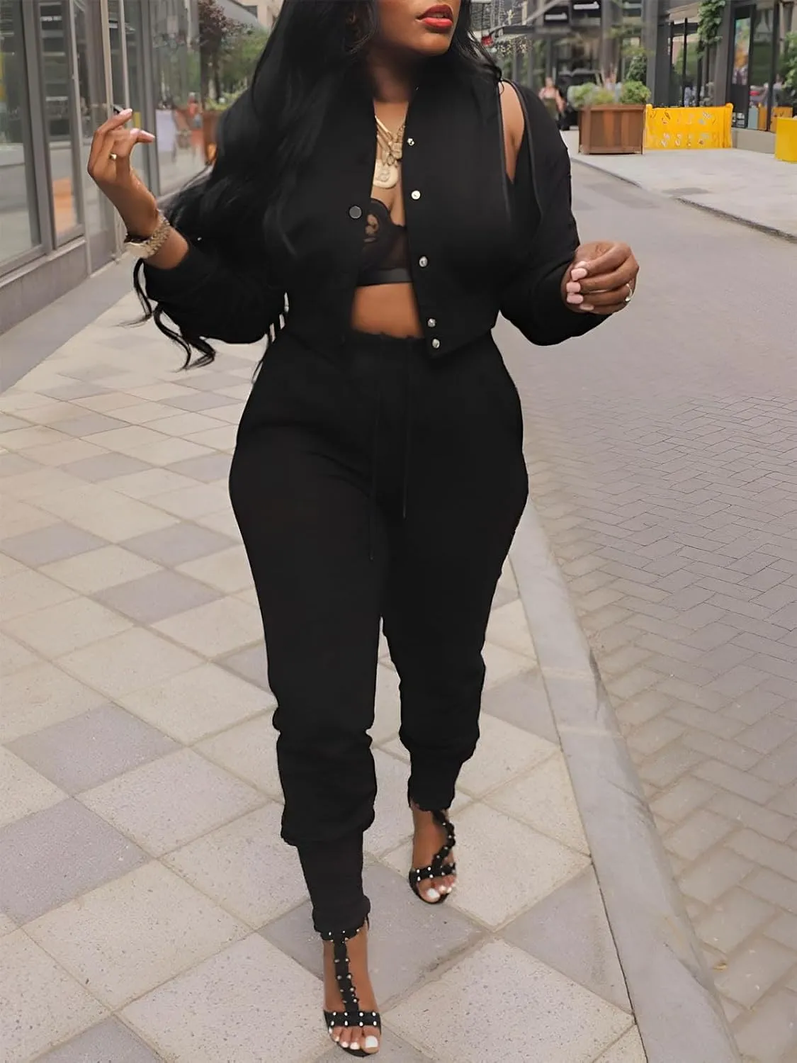 Akmipoem Sweatsuits for Women Set 2 Piece Jogger Outfits Zipper Split Long Sleeve Button Down Crop Top and Pants Tracksuit