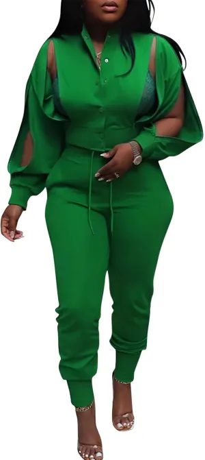 Akmipoem Sweatsuits for Women Set 2 Piece Jogger Outfits Zipper Split Long Sleeve Button Down Crop Top and Pants Tracksuit