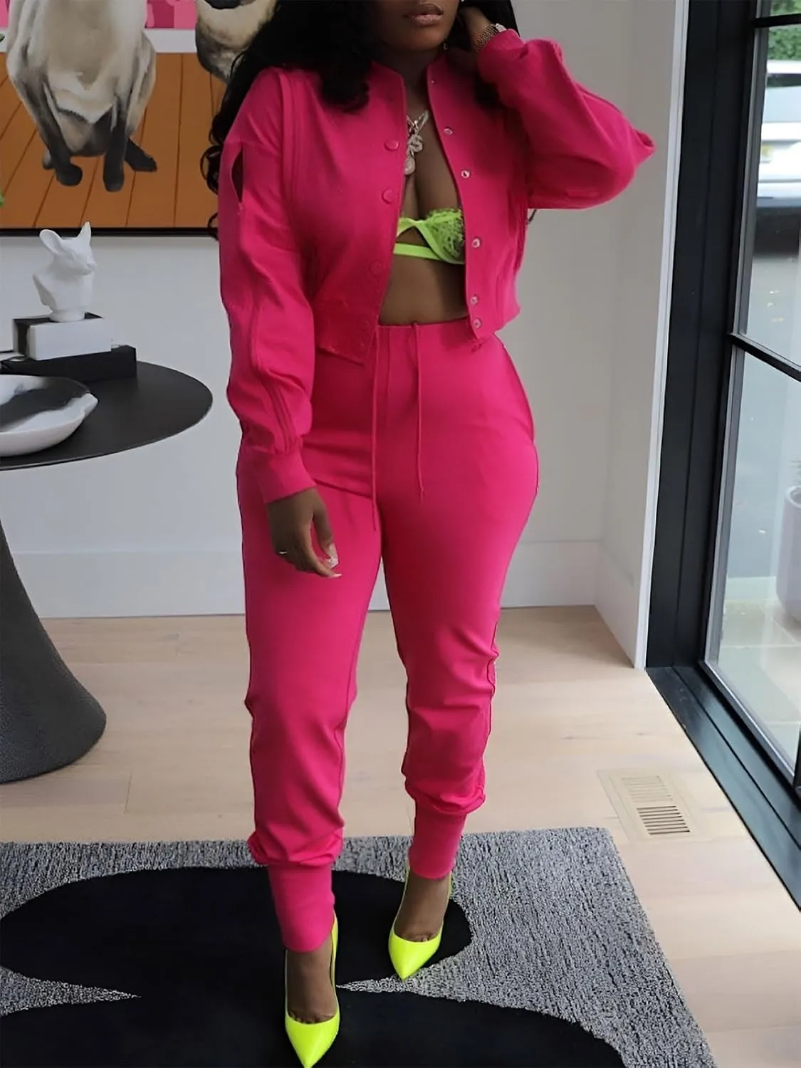 Akmipoem Sweatsuits for Women Set 2 Piece Jogger Outfits Zipper Split Long Sleeve Button Down Crop Top and Pants Tracksuit