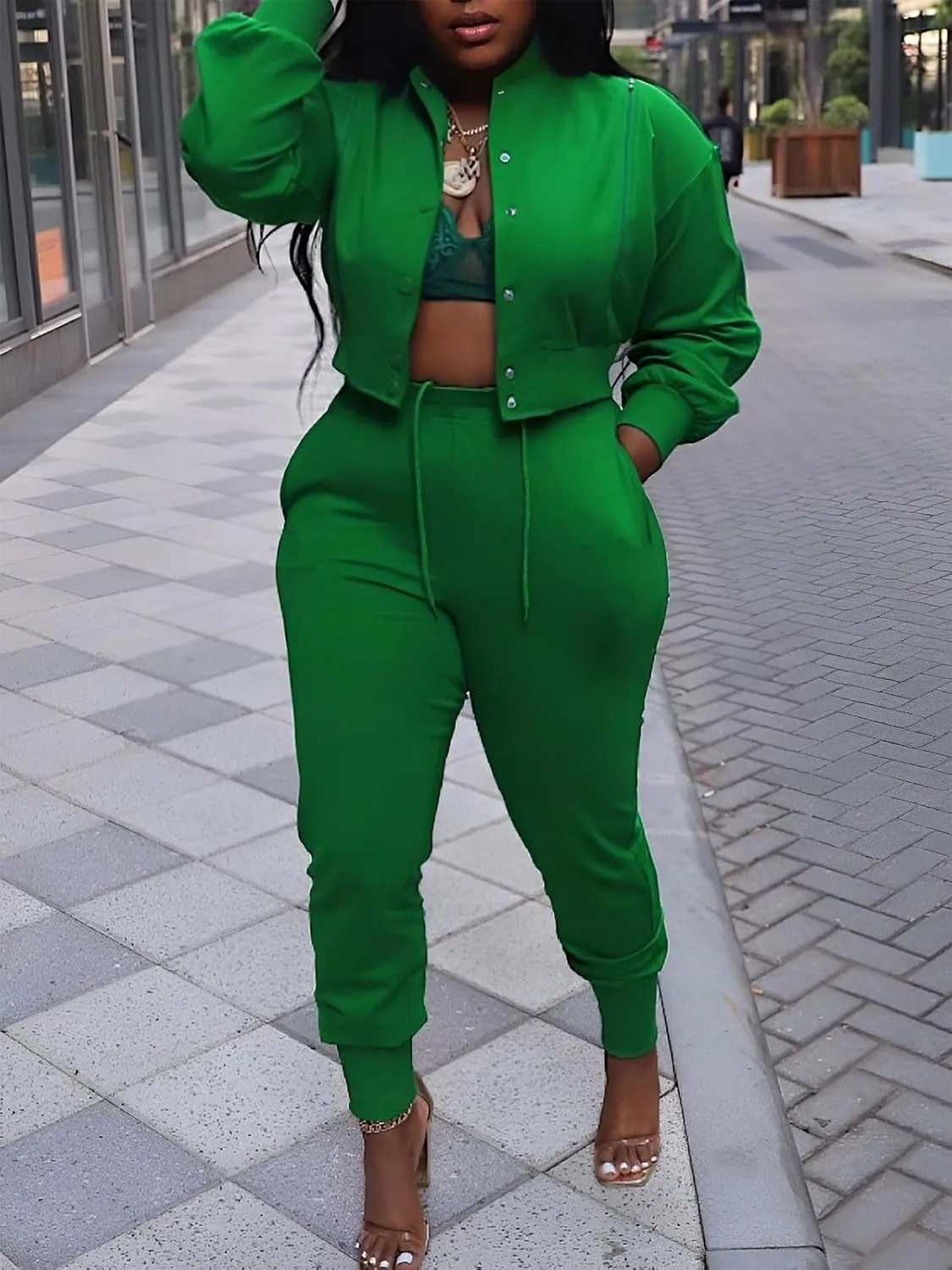 Akmipoem Sweatsuits for Women Set 2 Piece Jogger Outfits Zipper Split Long Sleeve Button Down Crop Top and Pants Tracksuit
