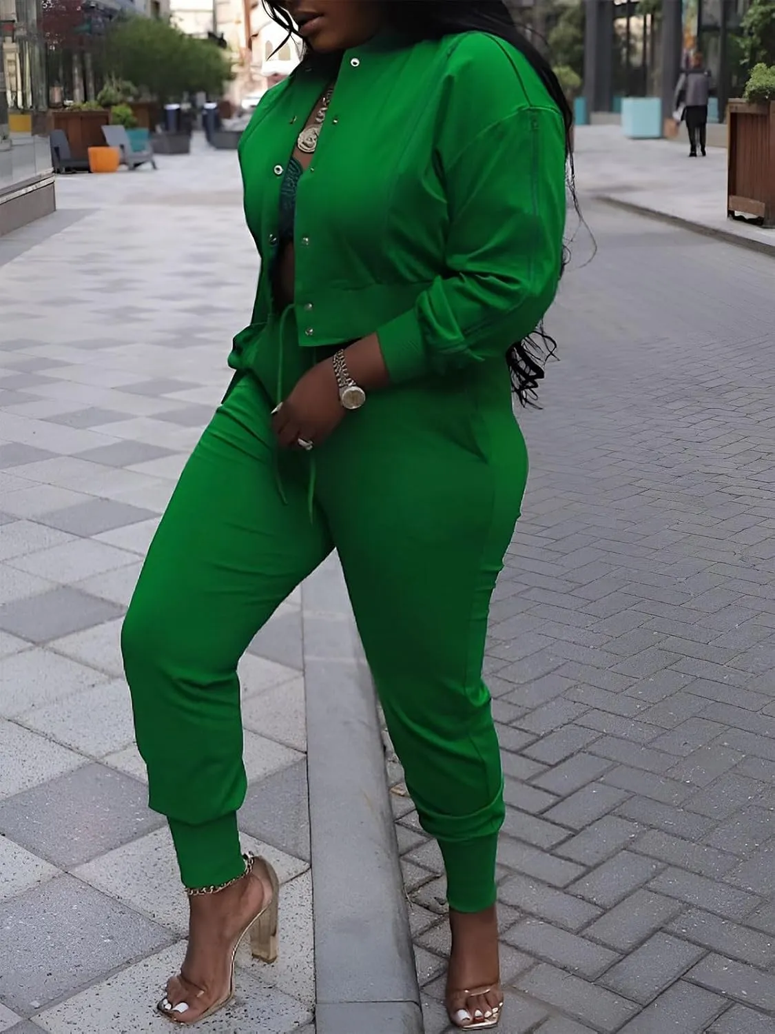 Akmipoem Sweatsuits for Women Set 2 Piece Jogger Outfits Zipper Split Long Sleeve Button Down Crop Top and Pants Tracksuit