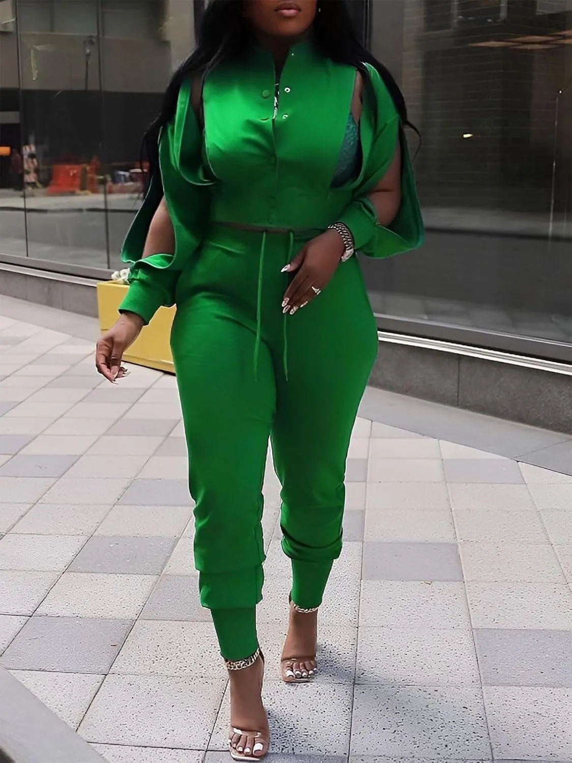 Akmipoem Sweatsuits for Women Set 2 Piece Jogger Outfits Zipper Split Long Sleeve Button Down Crop Top and Pants Tracksuit