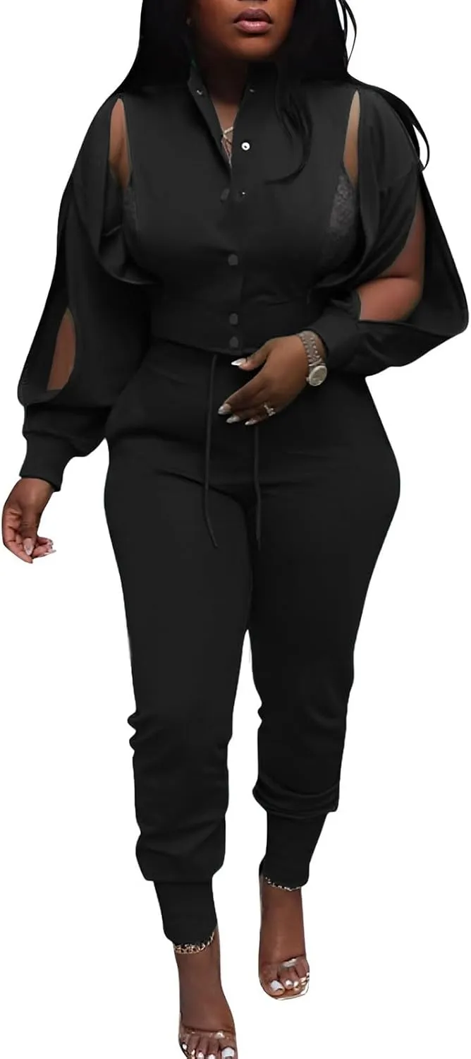 Akmipoem Sweatsuits for Women Set 2 Piece Jogger Outfits Zipper Split Long Sleeve Button Down Crop Top and Pants Tracksuit