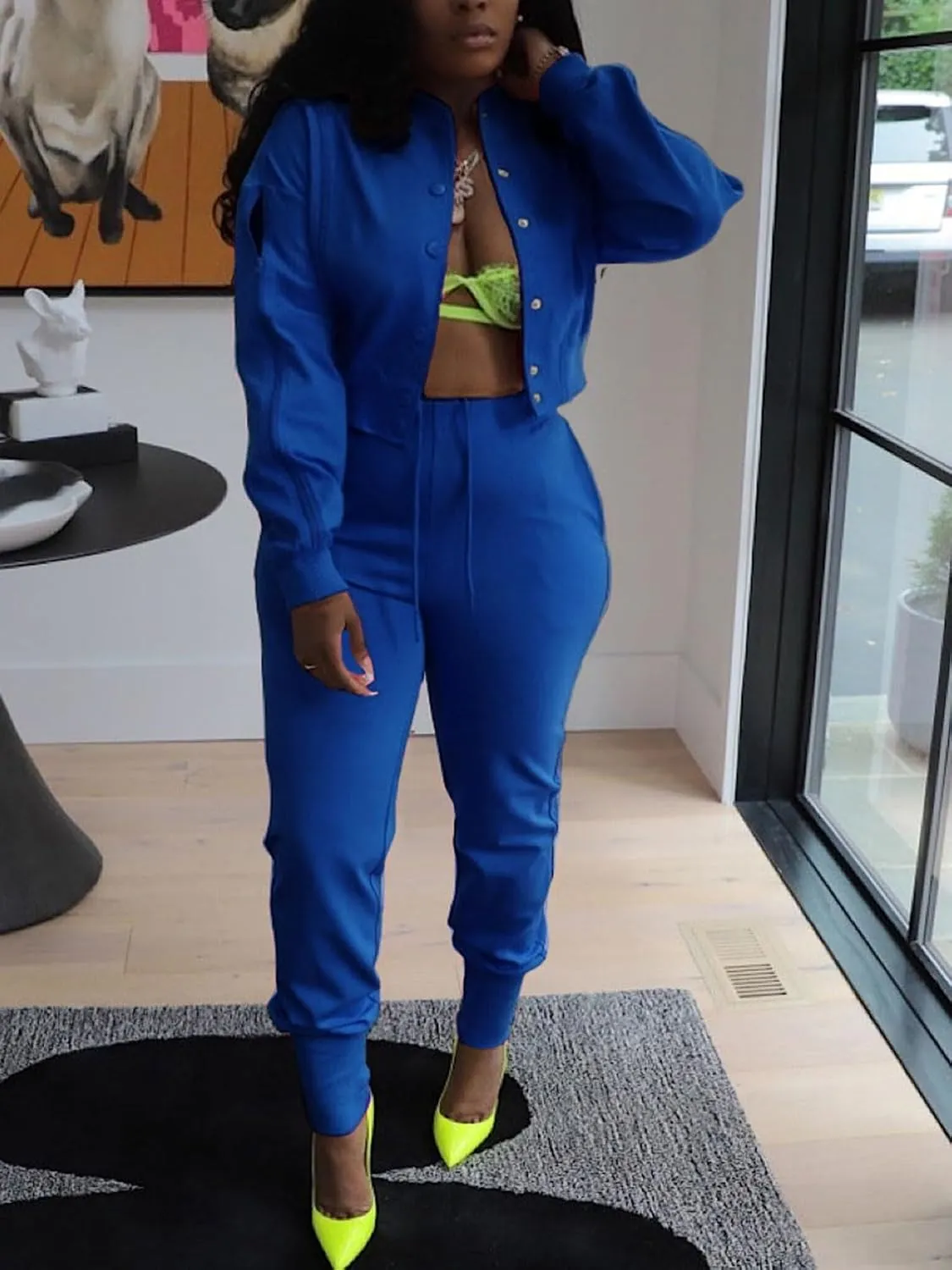 Akmipoem Sweatsuits for Women Set 2 Piece Jogger Outfits Zipper Split Long Sleeve Button Down Crop Top and Pants Tracksuit