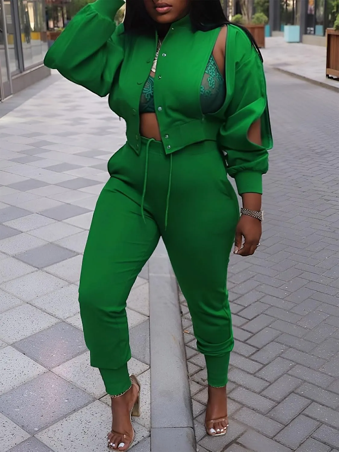 Akmipoem Sweatsuits for Women Set 2 Piece Jogger Outfits Zipper Split Long Sleeve Button Down Crop Top and Pants Tracksuit