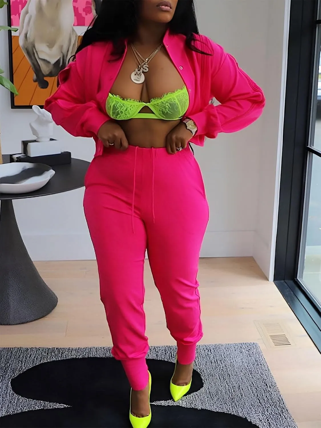 Akmipoem Sweatsuits for Women Set 2 Piece Jogger Outfits Zipper Split Long Sleeve Button Down Crop Top and Pants Tracksuit