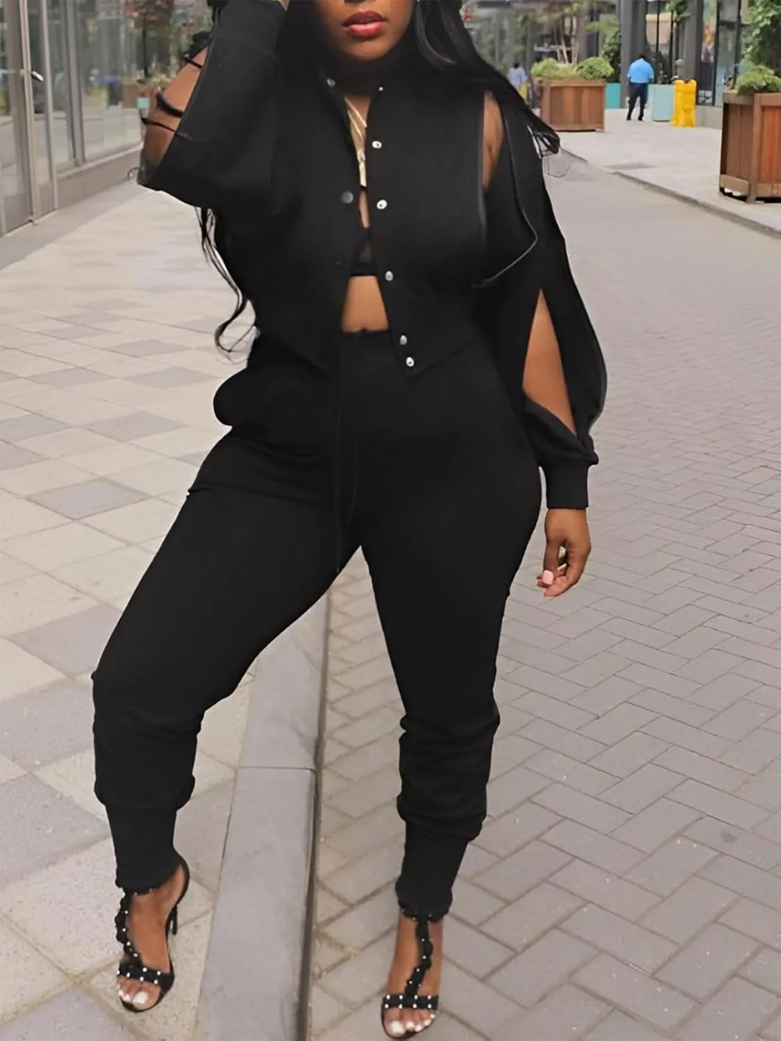Akmipoem Sweatsuits for Women Set 2 Piece Jogger Outfits Zipper Split Long Sleeve Button Down Crop Top and Pants Tracksuit
