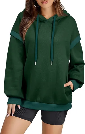 AlvaQ Womens Oversized Sweatshirt 2024 Colorblock Long Sleeve Layered Drawstring Hoodies Pullover Top with Pockets