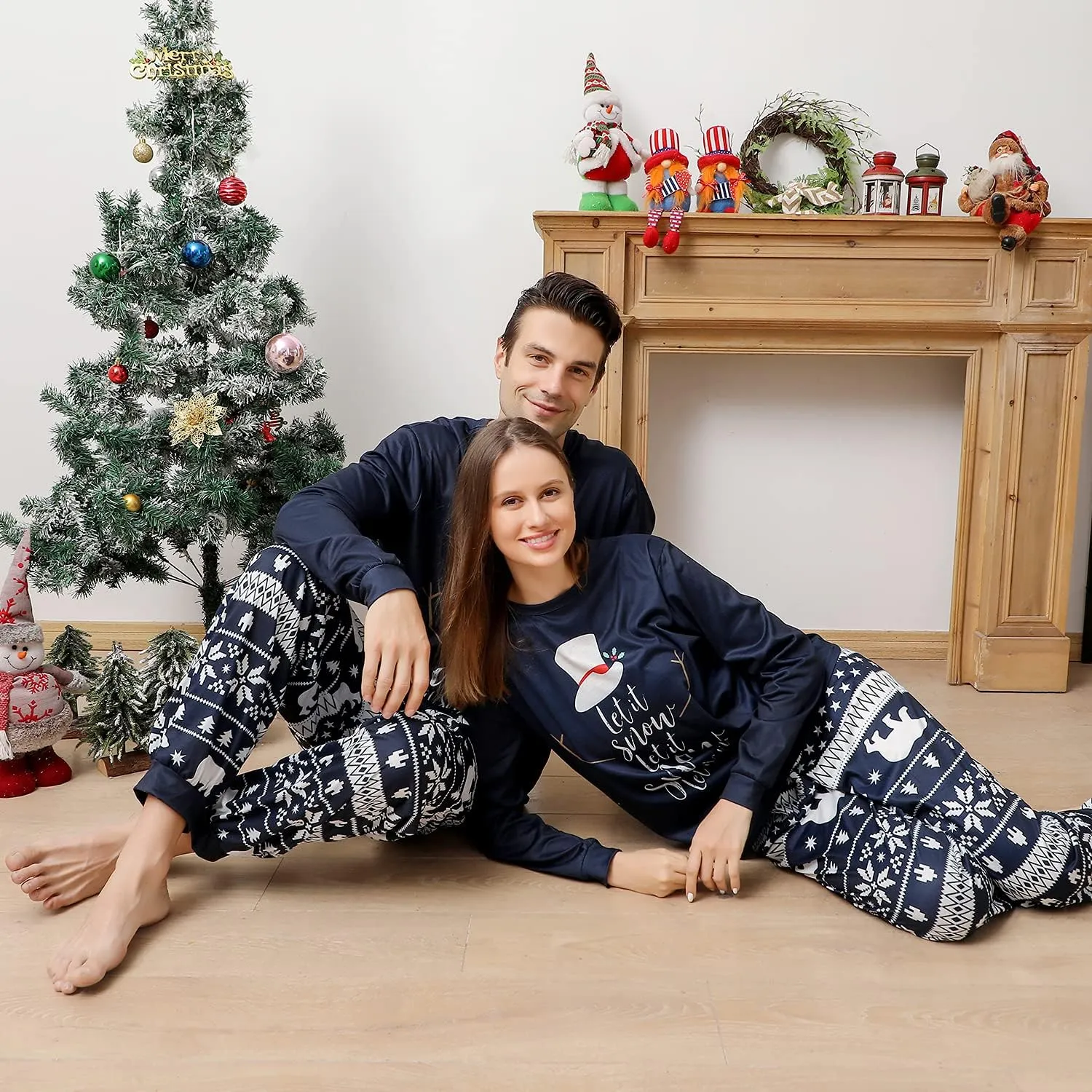 ANGELGGH Family Christmas PJs Matching Sets, Cute Holiday Pajamas Printed Top and Pants, Xmas Jammies for Couples/Men/Women