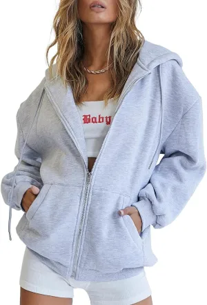 ATHMILE Women's Cute Hoodies Teen Girl Fall Jacket Oversized Sweatshirts Casual Drawstring Zip Up Y2K Hoodie with Pocket