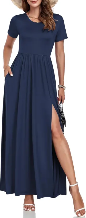 AUSELILY Women Maxi Dress 2025 Summer Short Sleeve Side Split Casual Long Dresses with Pockets