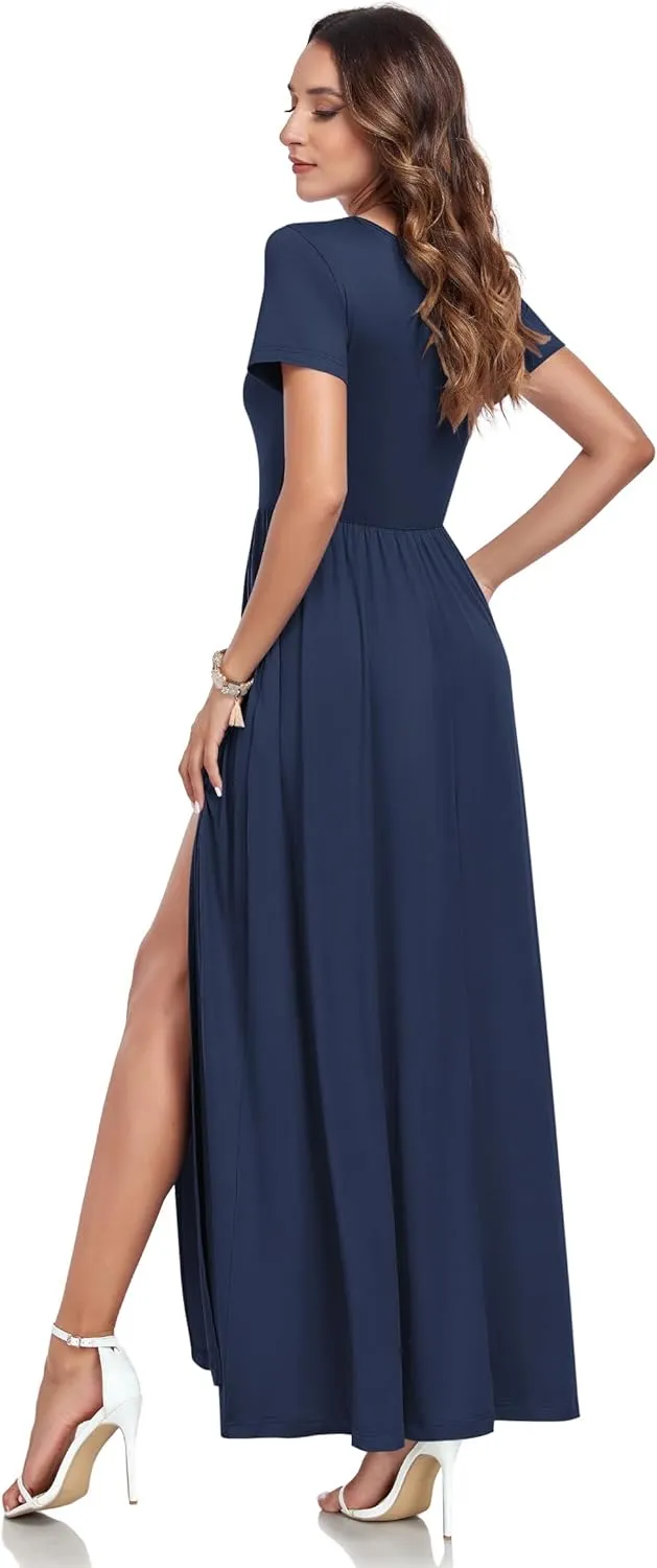 AUSELILY Women Maxi Dress 2025 Summer Short Sleeve Side Split Casual Long Dresses with Pockets