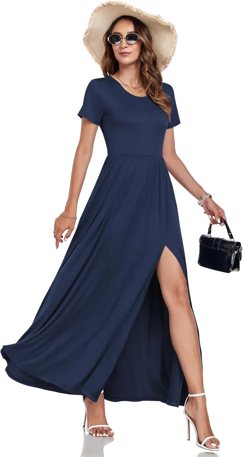 AUSELILY Women Maxi Dress 2025 Summer Short Sleeve Side Split Casual Long Dresses with Pockets