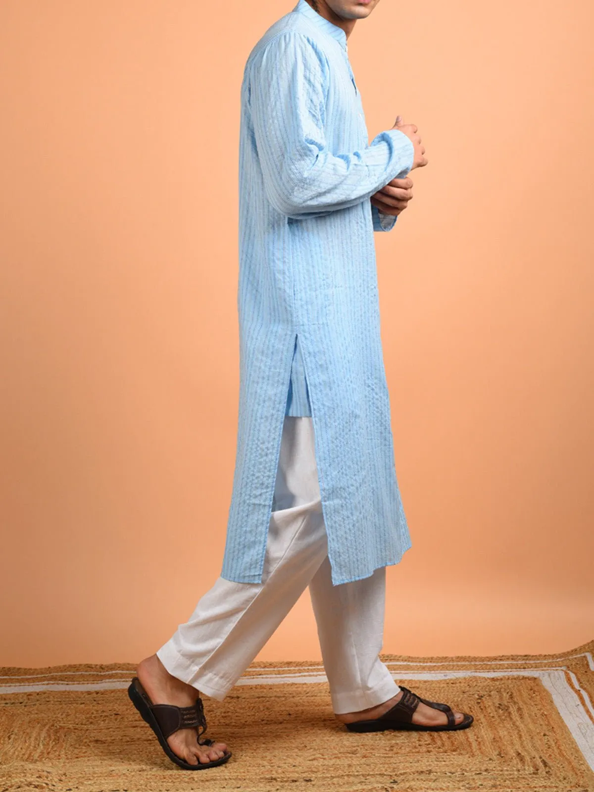 Badal Kantha Weaved Men's Kurta Sky Blue