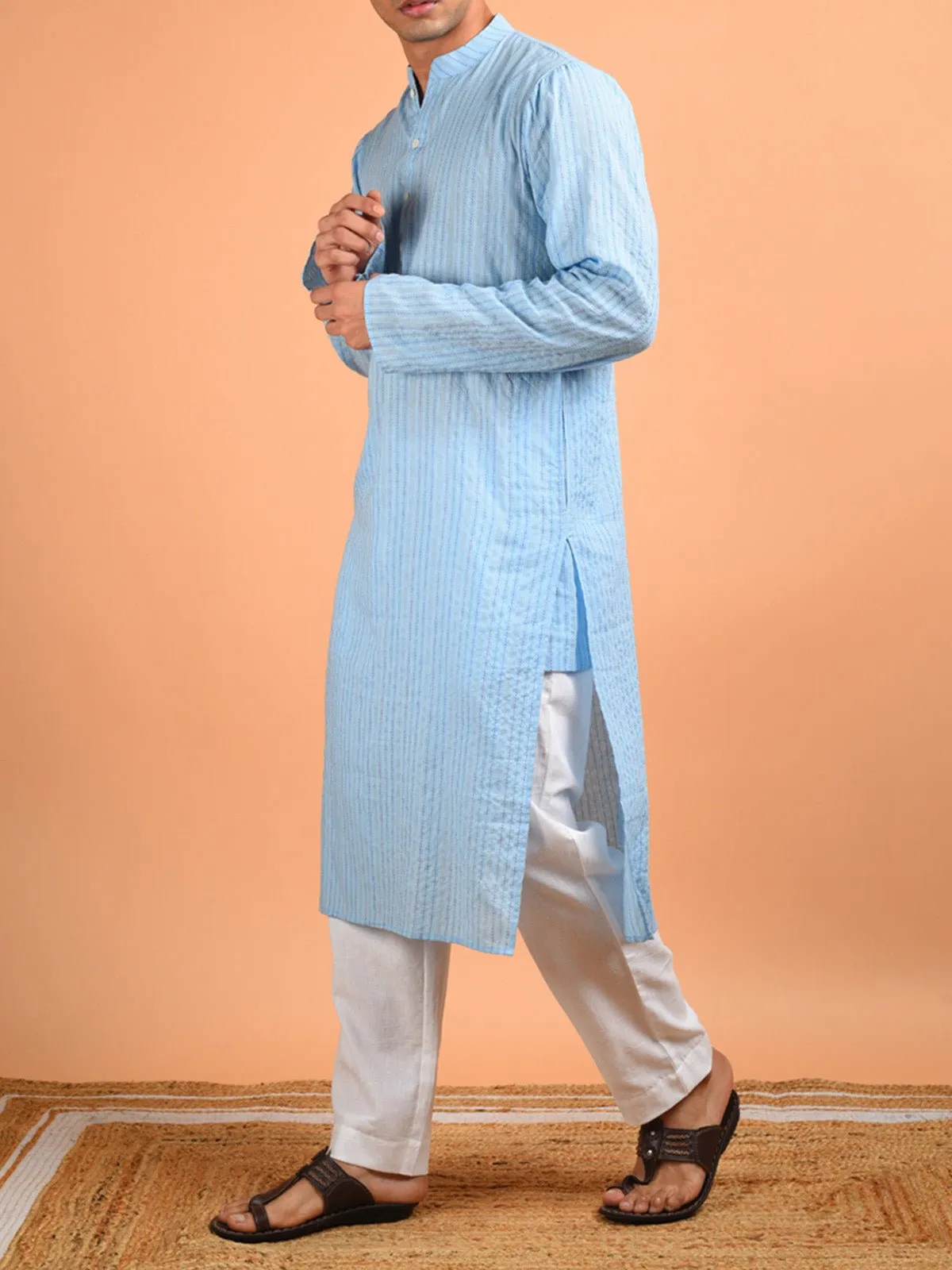 Badal Kantha Weaved Men's Kurta Sky Blue
