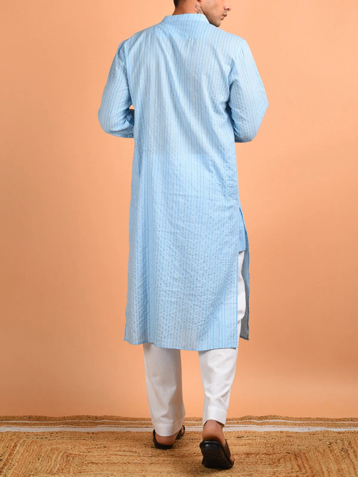 Badal Kantha Weaved Men's Kurta Sky Blue
