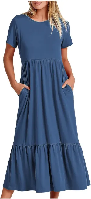Boho Dresses Women 2024 Summer Casual Short Sleeve A-Line Boho Flowy Beach Dress Vacation Daily Loose Sundress with Pockets