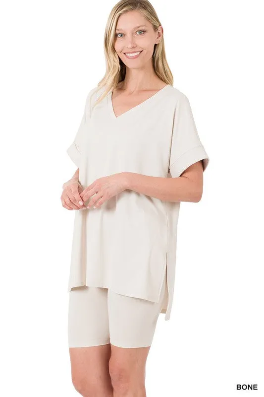BRUSHED MICROFIBER V-NECK TOP & BIKER SHORTS