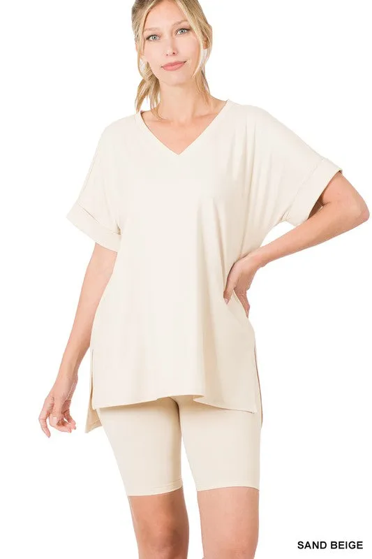 BRUSHED MICROFIBER V-NECK TOP & BIKER SHORTS