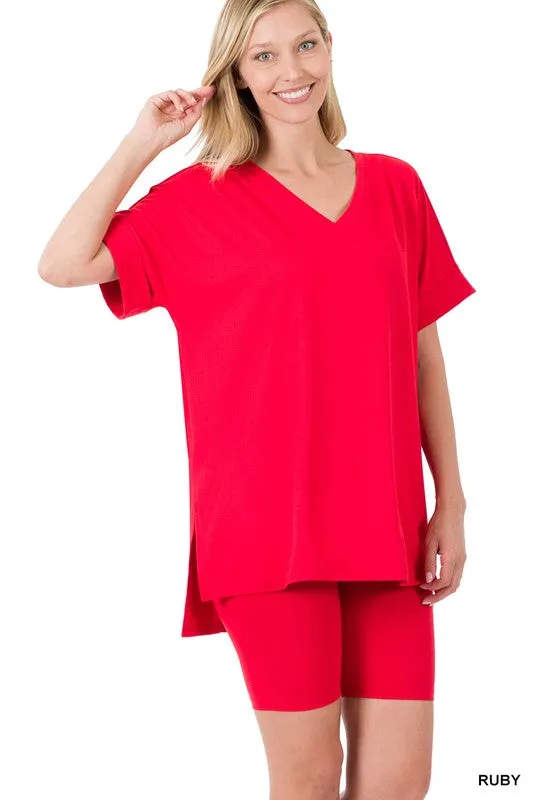 BRUSHED MICROFIBER V-NECK TOP & BIKER SHORTS