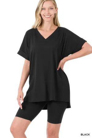 BRUSHED MICROFIBER V-NECK TOP & BIKER SHORTS