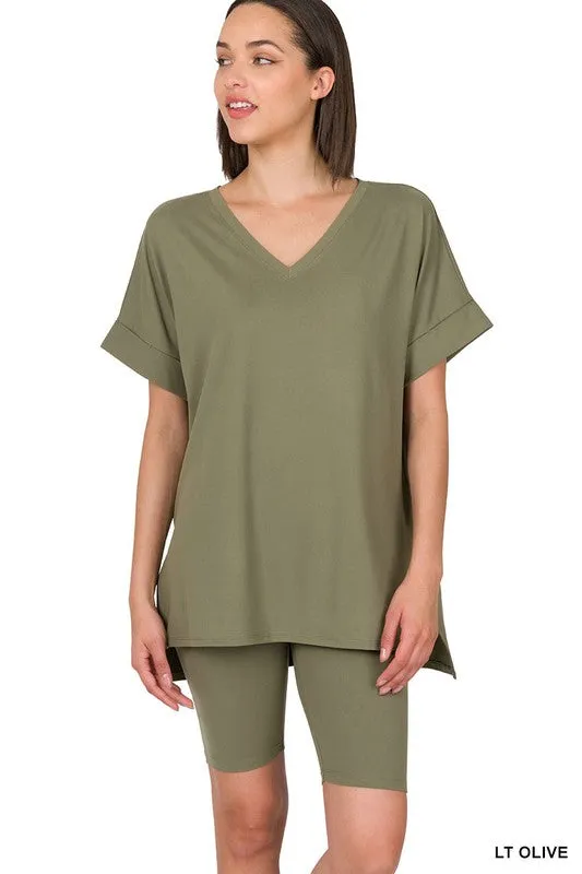 BRUSHED MICROFIBER V-NECK TOP & BIKER SHORTS