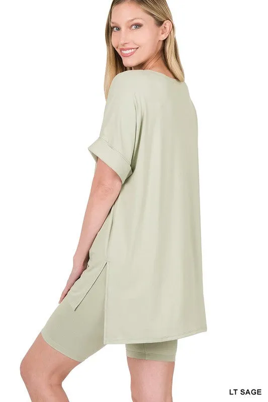 BRUSHED MICROFIBER V-NECK TOP & BIKER SHORTS