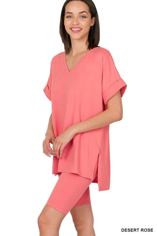 BRUSHED MICROFIBER V-NECK TOP & BIKER SHORTS