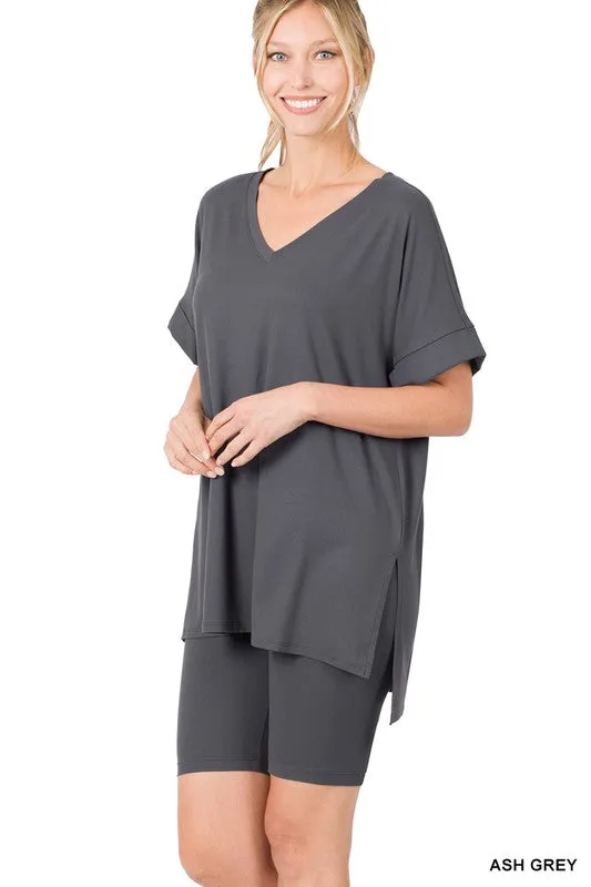 BRUSHED MICROFIBER V-NECK TOP & BIKER SHORTS