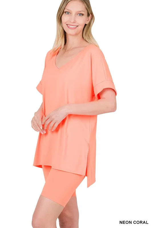 BRUSHED MICROFIBER V-NECK TOP & BIKER SHORTS