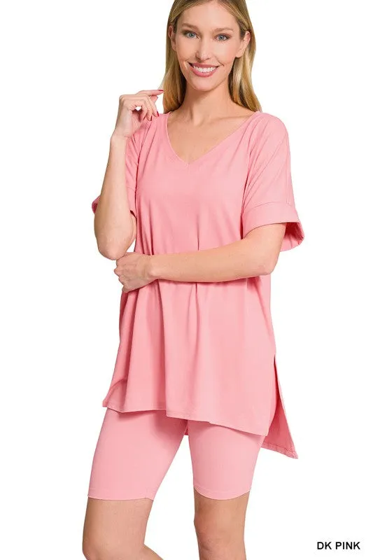 BRUSHED MICROFIBER V-NECK TOP & BIKER SHORTS