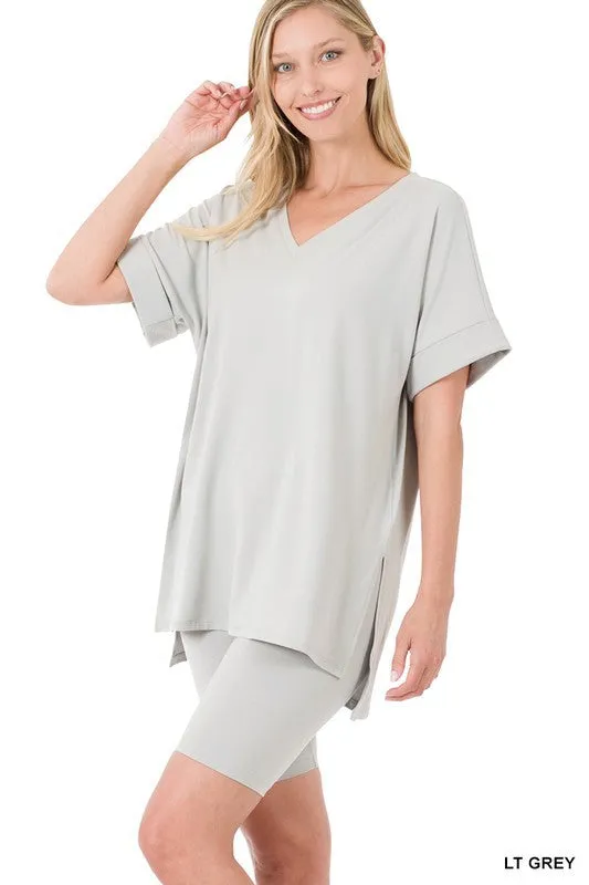 BRUSHED MICROFIBER V-NECK TOP & BIKER SHORTS