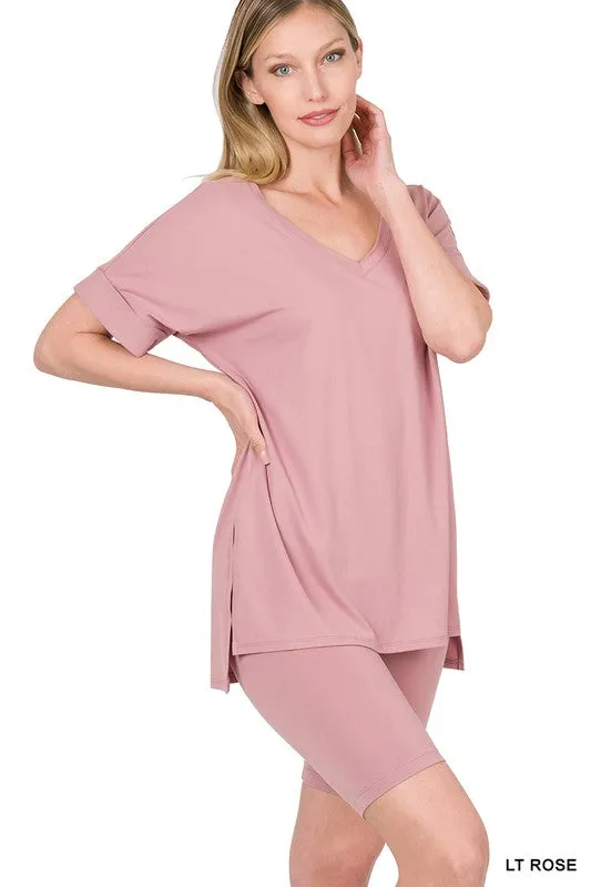 BRUSHED MICROFIBER V-NECK TOP & BIKER SHORTS