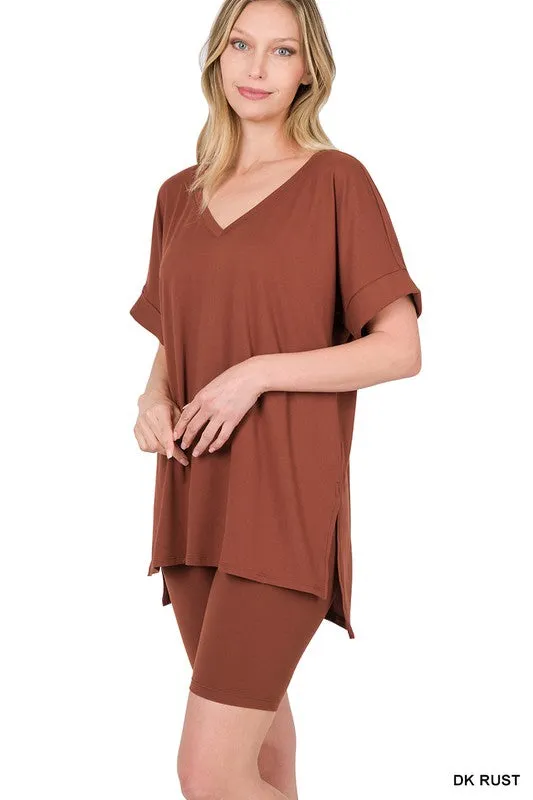 BRUSHED MICROFIBER V-NECK TOP & BIKER SHORTS