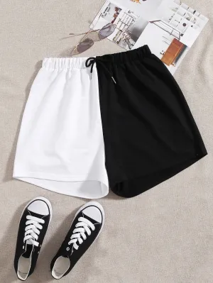 Casual Colorblock Drawstring Natural Women Shorts