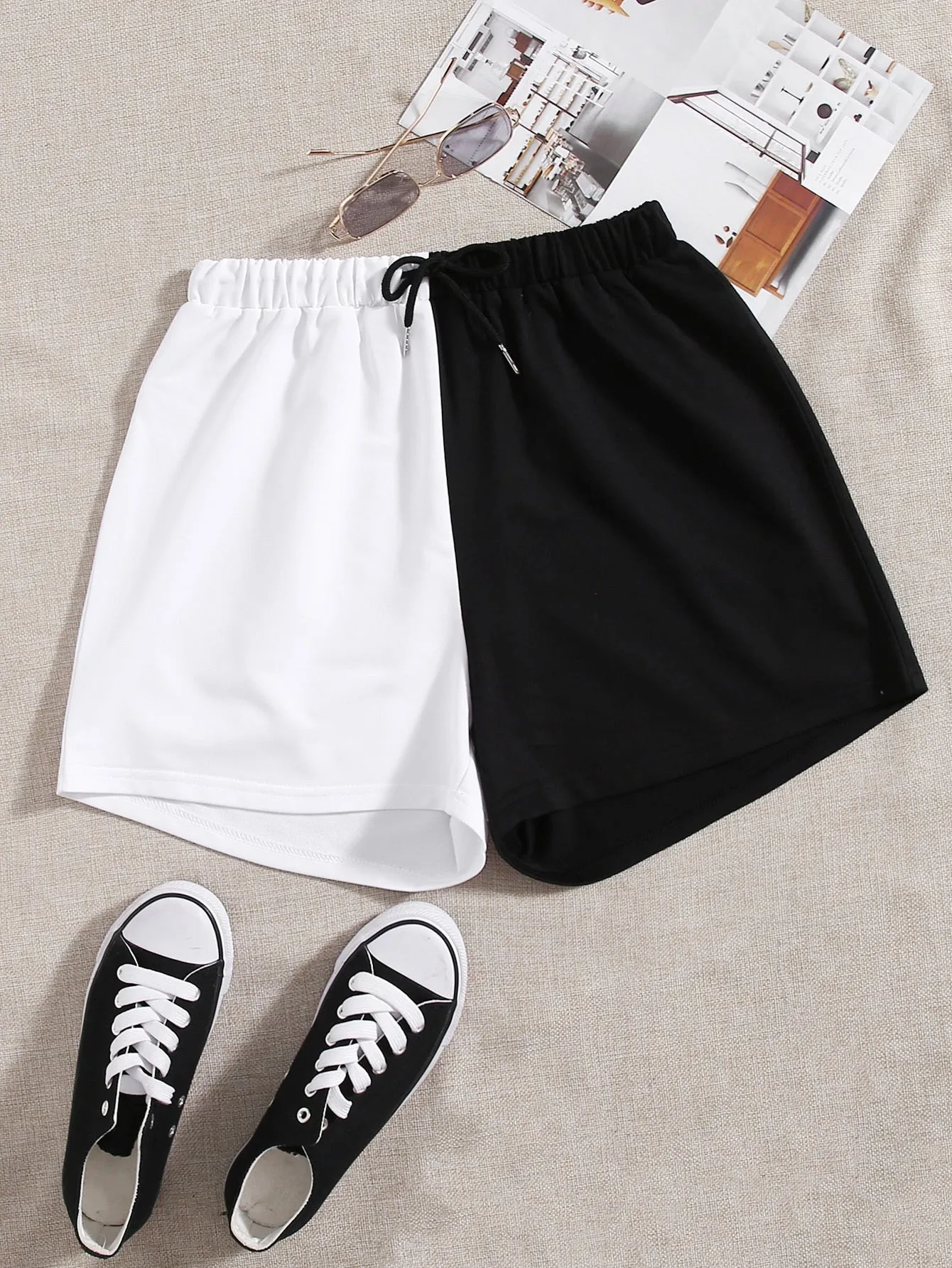 Casual Colorblock Drawstring Natural Women Shorts
