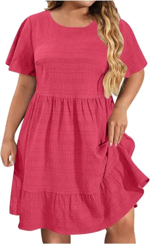 Casual Dresses for Women Plus Size Loose Short Sleeve Solid Color Dress Fashion Pleated Vacation Summer Sundress
